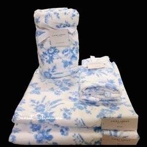 6pc Laura Ashley Blue Toile Floral Bath & Hand Towel Set 100% Cotton Velour NEW